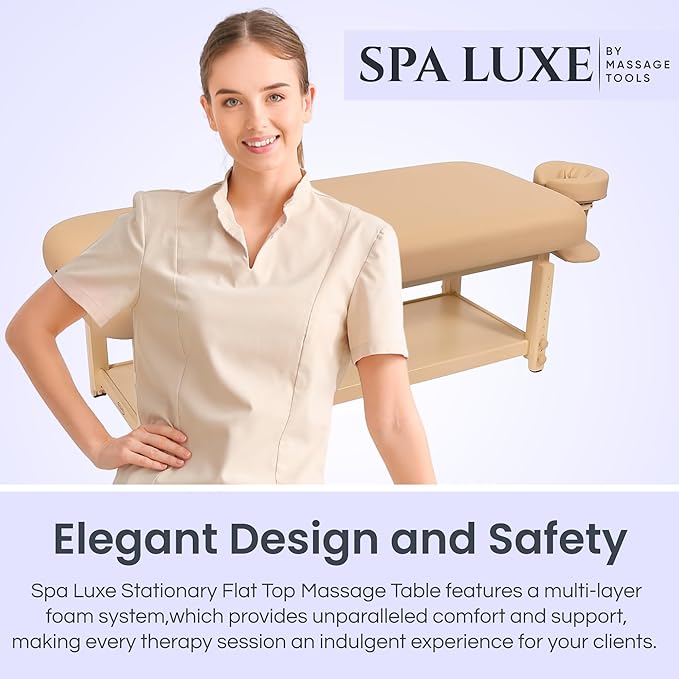 Professional Stationary Massage Table with Adjustable Headrest and Arm Shelf - Premium 3.5" Multi-Layer Soft-Foam System, Ergonomic Design Table for Therapists - 30" W x73 L - (Beige)