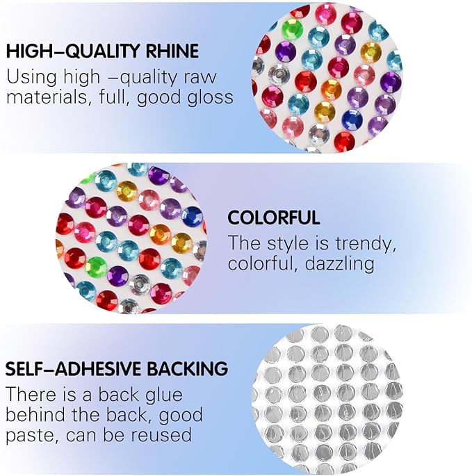 8 Sheets Rhinestone Stickers，3584 Pcs Gem Stickers for DIY Face Eyes Makeup Hair（Colored-3/4/5/6mm）