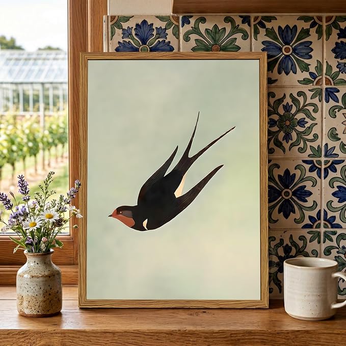 Framed Vintage Bird Wall Art, Sage Green Flying Swallow Pictures Wall Decor, Minimalist Japandi Nature Paintings Canvas Prints Modern Home Decor for Living Room Bedroom Bathroom Office 16x24 Inch