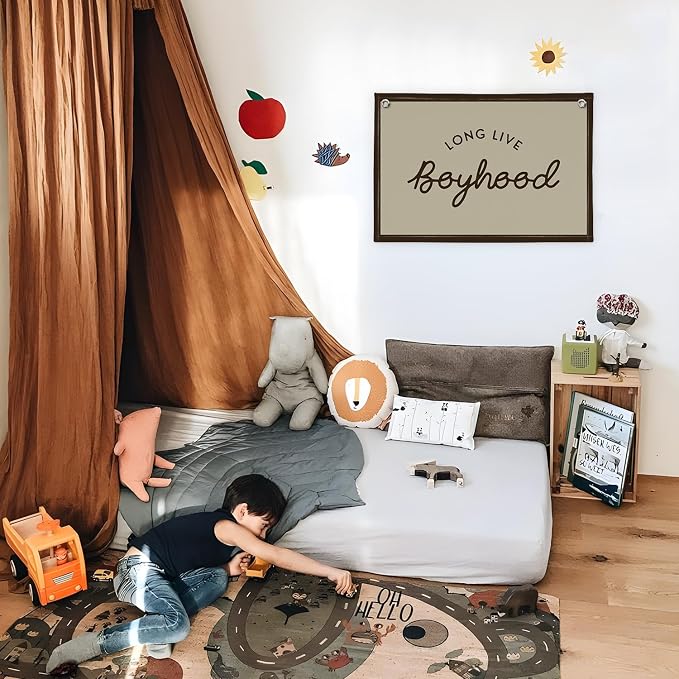 Vintage Boys Room Decor Long Live Boyhood Linen Banner,Nursery Playroom Wall Decor Hanging Flag Banner, Kids Bedroom Living Room Dorm Toddler Decorations Trendy Room 30x20 boyroom