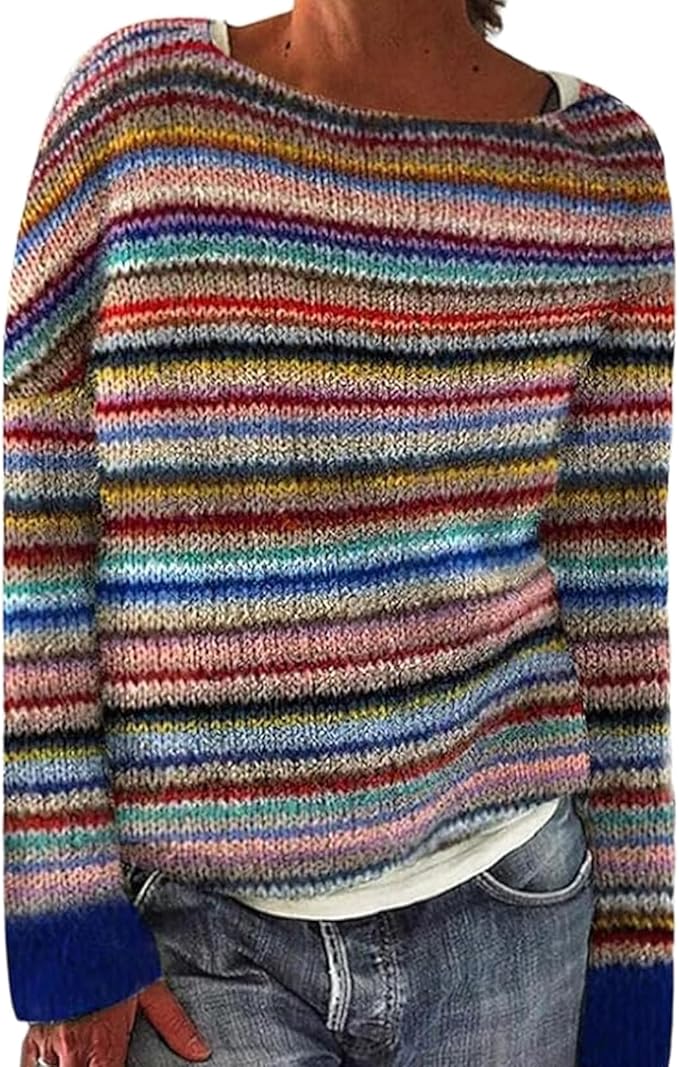 Zhyaj Fair Isle Sweater for Womens Winter Long Sleeve Vintage Knitted Sweater Casual Fall Crew Neck Pullover Sweaters