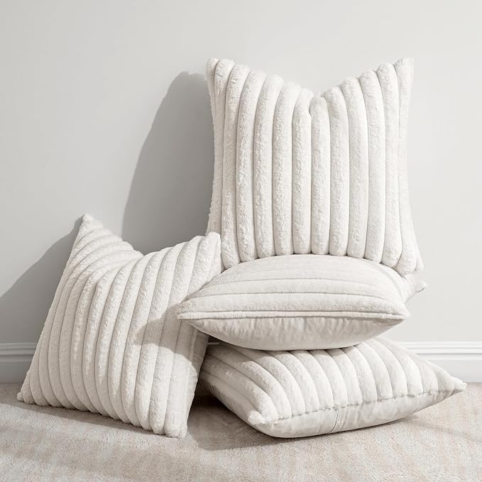 MIULEE Faux Fur Plush Decorative Throw Pillow Covers 20x20, Pure White | Set of 4, Striped, Soft Modern Cozy Home Decor, Cushion Cases for Sofa Couch Bed Living Room