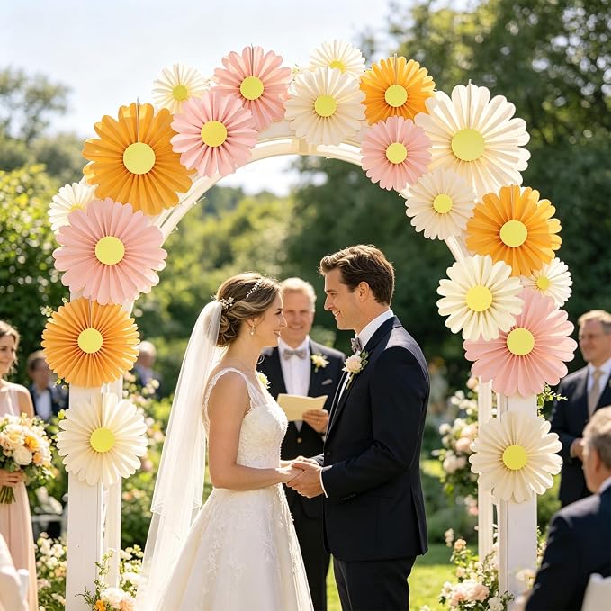 SUNBEAUTY 10 Pcs Daisy Paper Flowers Decorations Pink and Orange Flower Party Decorations Paper Fans Decor Hanging Paper Fans for Birthday Wedding Baby Shower Spring Garden Party Bulletin Board