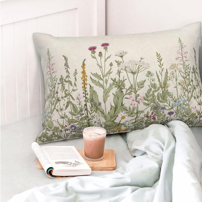 AEIOAE Sage Green Pillow Covers 12x20 Inch Set of 2, Spring Wildflower Plant Throw Pillows Case,Seasonal Floral Outdoor Decorative Flowers Farmhouse Decor Cushion Covers for Home Sofa Bed Couch