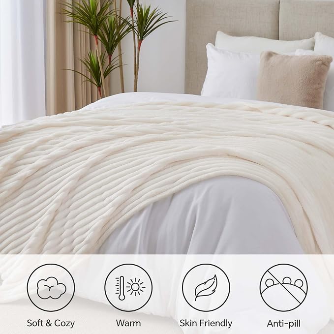 BEDELITE Ribbed Full Size Blanket for Bed, Cream, 84"x90" | Ultra-Soft Plush Fleece, Warm Yet Lightweight, Ribbed Texture, Home Decor, Machine Washable, Giftable, All-Season Use