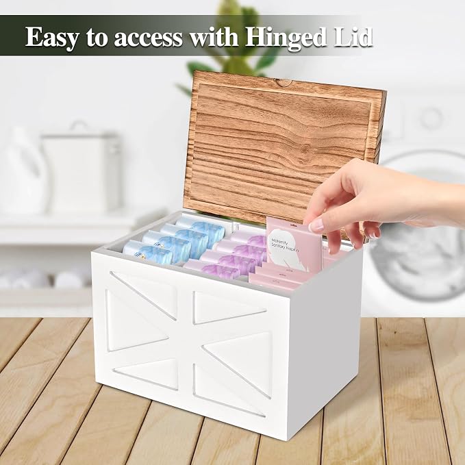 Tampon holder for bathroom，Feminine Product Organizer With Lid，Wood Tampon storage(White)