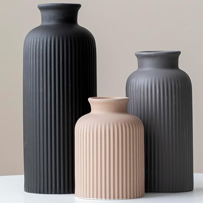 Large Modern Ceramic Vase Set, Black Ribbed Matte Finish, 3-Piece Decorative Vases for Home Living Room Office, 10 inch Tall, 4 inch Width (XL Black Mix)