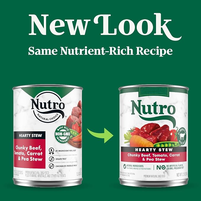 Nutro Hearty Stew Wet Dog Food, Chunky Beef, 12.5 oz, 12 Pack | Grain-free, real beef #1 ingredient, with tomato, carrot & pea, natural ingredients, made in USA, canned dog food