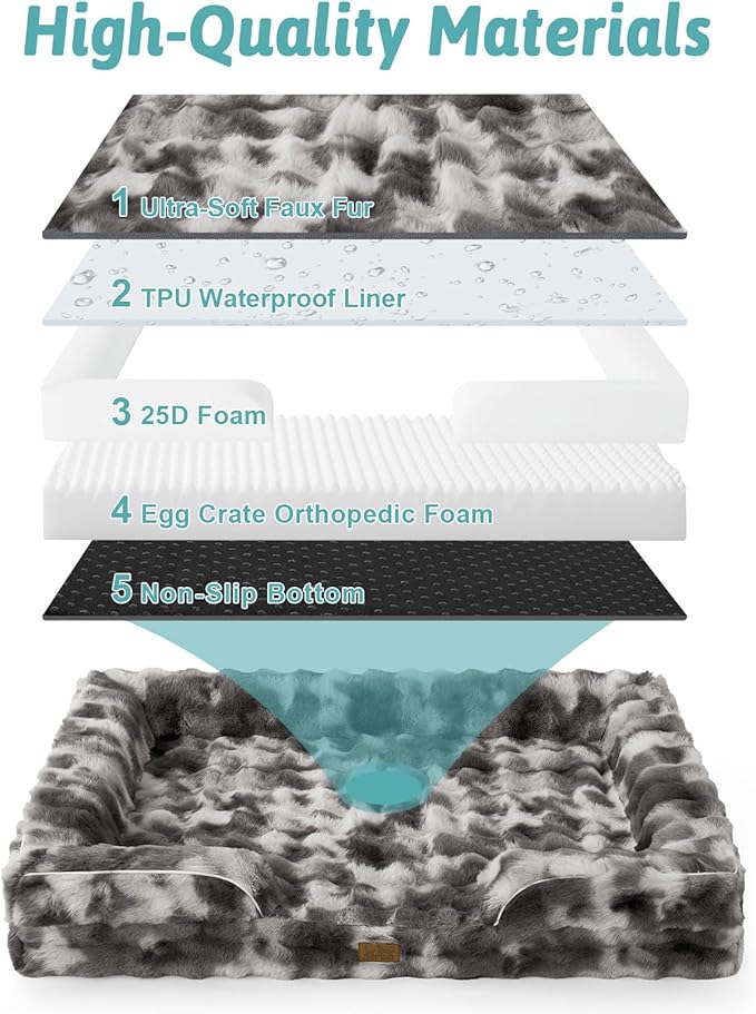 COZY KISS Faux Fur Orthopedic Dog Bed Washable for Large Dogs, L Sized | Soft Warm Pet Sofa with Sides or Bolster, Non-Slip and Big Dog Couch with Removable Waterproof Cover, 36x27 in, Tie Dye Grey