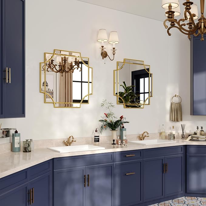 Kelly Miller 26"x26" Gold Foil Scalloped Edge Decorative Vanity Wall Mirror | Hand-Applied Gold Foil Finish. HD Mirror With French Cleat. Elegant Beveled Wall Mirror Decor For Bathroom Bedroom Entryway.