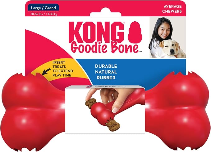 KONG Goodie Bone, Natural Rubber Treat-Dispensing Toy, Red, for Large Dogs | Classic KONG Durable Natural Rubber Bone with Goodie Grippers That Hold Treats & Support Mental Engagement