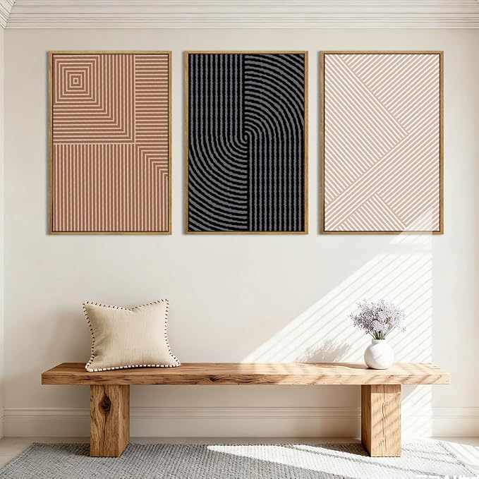 ANHUIB Neutral Abstract Modern Canvas Wall Art Set of 3 Framed Black and White Beige Wall Decor Boho Minimalist Artwork for Walls Geometric Line Painting for Living Room Bedroom Office 16x24 Inch