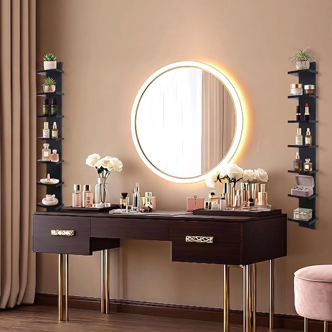7 Tier Vertical Wall Shelf for Room Decor - Floating Shelves for Wall, Makeup Vanity, Perfect Display Storage for Small Spaces, Black Decorative Shelves