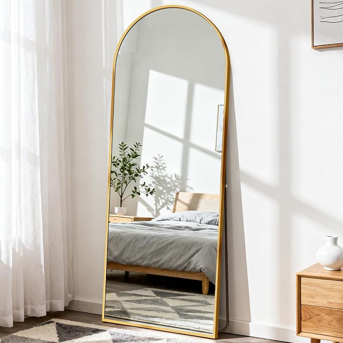 DUMOS 58"x19" Arched Full Length Mirror with Stand, Full Body Floor Mirror | Free Standing or Wall Mount, Nano Glass Aluminum Frame, Hanging or Leaning, Modern Simple Home Decor, Gold