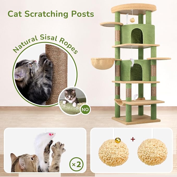 Globlazer 66in Cactus Corner Cat Tree for Indoor Large Cats, C66, Green | Space-Saving Stable Green Cat Tower with 6 Scratching Posts, 2 Large Fan-shaped Condos & Top Perch, Hammock, Climbing Steps