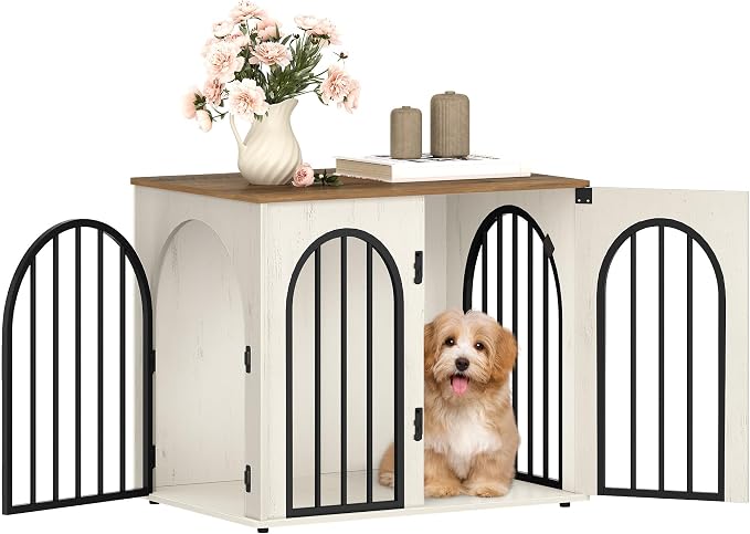 Hzuaneri 26.8'' Dog Crate Furniture,Dog Kennel Indoor for Small Dogs | Dog Kennel Furniture Wooden Dog Cage Heavy Duty Dog Crate Decorative Pet House End Side Table TV Stand,White Brown DFC85514B