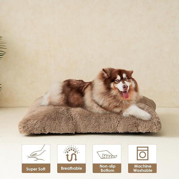 EHEYCIGA Fluffy Dog Crate Bed, Plush XX Large Dog Pillow, Camel | Xlarge Calming Anti Anxiety Plush Faux Fur Mat for Large size dogs, Washable Soft Warm Dog Pad with Non-Slip Bottom
