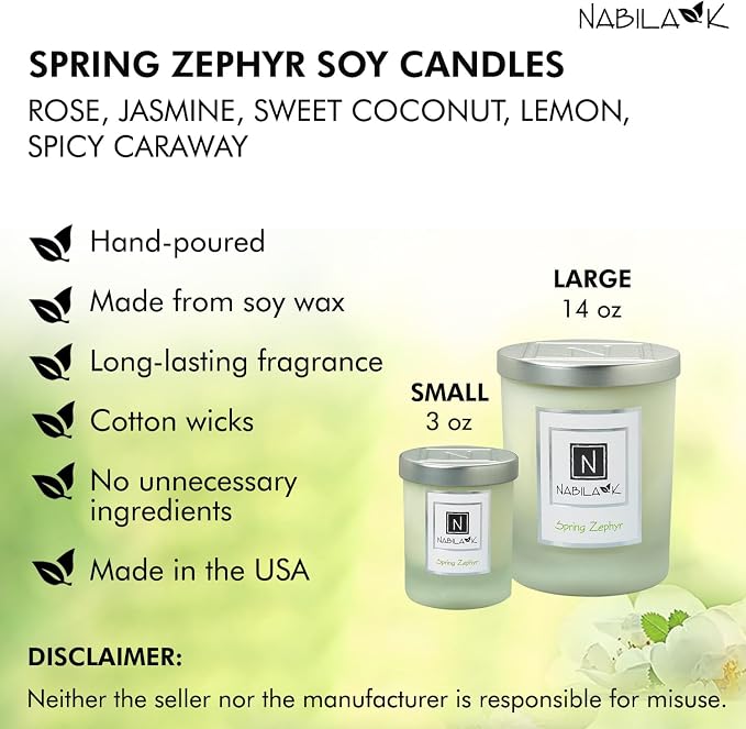 Nabila K – Spring Zephyr - Soy-Based Candle – Rose, Jasmine, Sweet Coconut, Lemon, Spicy Caraway - Hand-Poured - Cotton Wick - Aromatherapy Candle w/Essential Oils - Made in USA - 14 oz