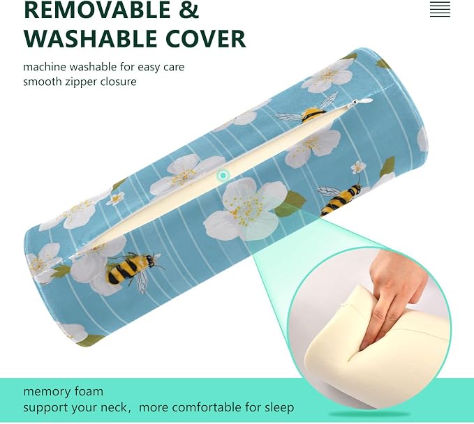 Blue Sakura and Bees Neck Roll Pillow Bolster Round Health Memory Foam Long Cervical Cylinder Pillows with Removable Washable Cover for Body Bed Legs Back Yoga
