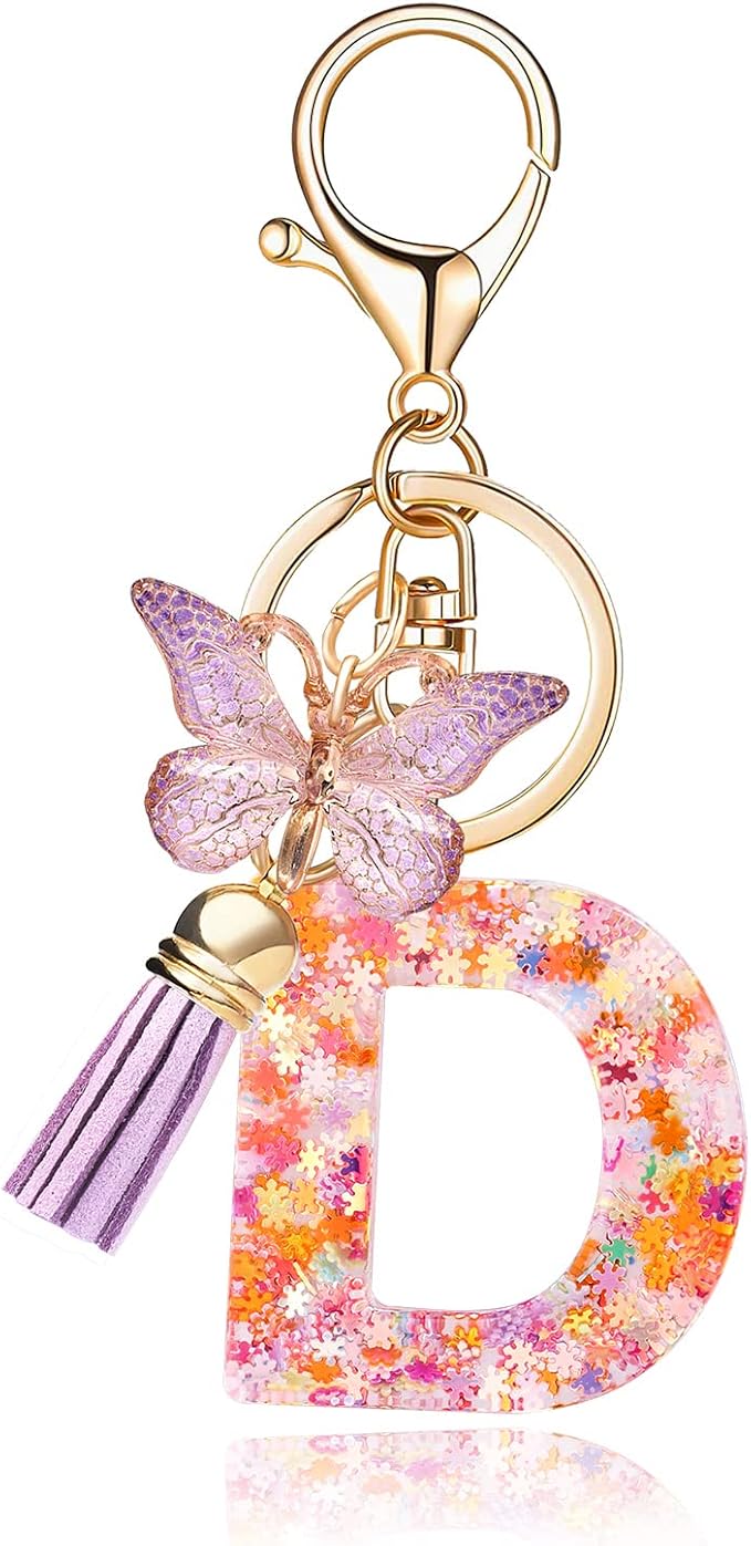 Fashion Alphabet Initial Letter Keychain Tassel Butterfly Pendant Key Ring for Purse Handbags Women Girl