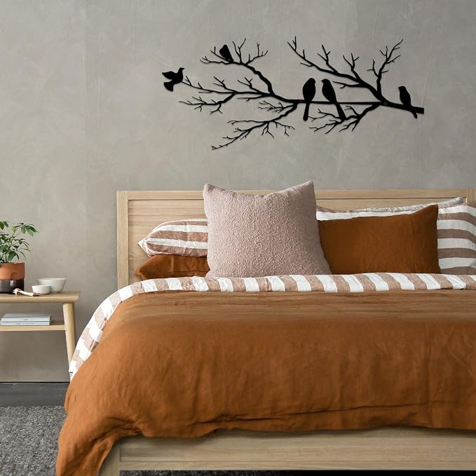 Metal Birds Wall Art, Metal Vivid Birds on Branch Silhouette Wall Decor Black Leaves with Bird Outdoor Hanging Wall Sculpture for Home Balcony Garden(Large)