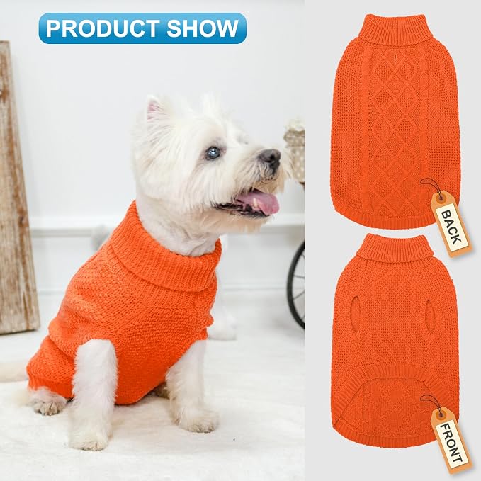 Mihachi Turtleneck Dog Sweater - Winter Coat Apparel Classic Cable Knit Clothes with Leash Hole for Cold Weather, Ideal Gift for Pet in New Year Orange X-Small