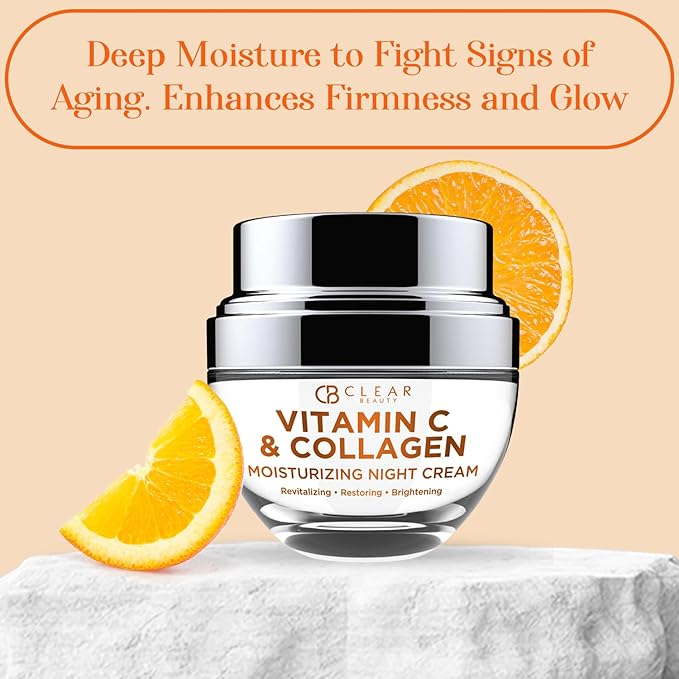 Clear Beauty Vitamin C & Collagen Face Moisturizer - Anti Aging Night Cream, Hydrates, Firms & Smooths Overnight - Dermatologist Tested, Korean Skin Care, Vegan, Clean Beauty - 1.69 Fl Oz