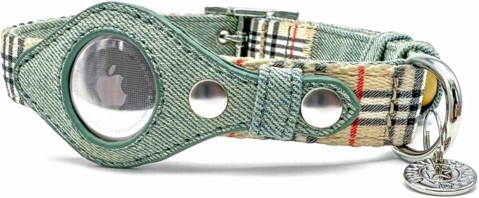 Airtag Dog Collar for Apple Airtag, GPS Tracking Soft Adjustable Collar for Small, Medium, Large Dogs, Smart Collars for Dogs and Cats (Beige Plaid & Denim, XS)