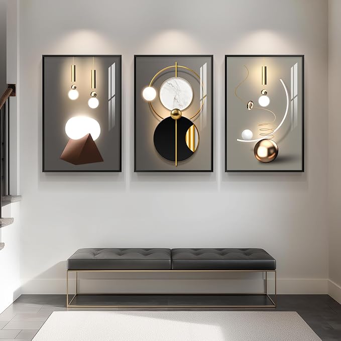 Framed Large Modern Abstract Wall Art for Living Room, Set of 3 Piece Black and White Gold Luxury Artworks, Geometric Painting Print for Dining Room Entryway Hallway Home Office Wall Decor, 24x36 In