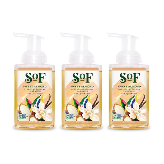 SoF Hydrating Foaming Hand Wash - With Organic Agave Nectar & Coconut Oil- Vegan & Non GMO- Free From Phthalates, Sulfates & Parabens- Sweet Almond - 8 oz Bottle 3 Pack