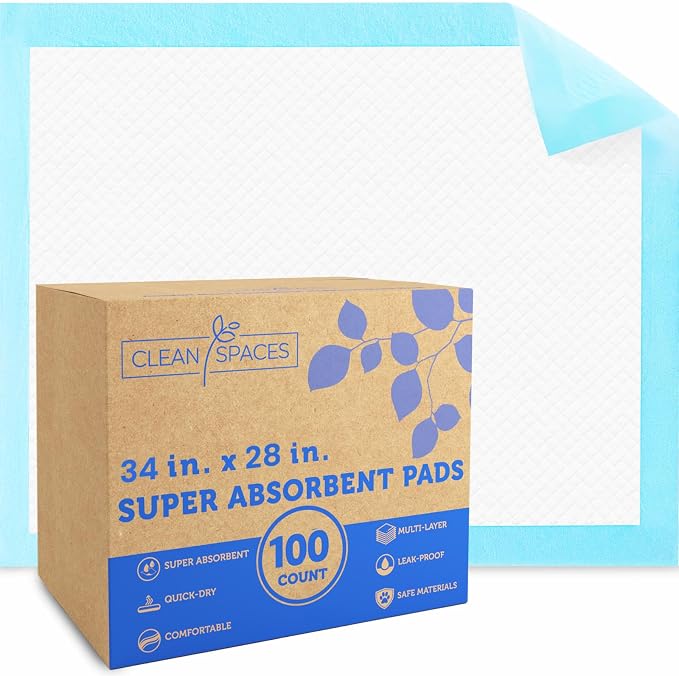 Clean Spaces X-Large Puppy Disposable Pads 28"x34", 100 Count, Leak-Proof | Super Absorbent Pee Pads for Dogs / Wee Wee Pads / Potty Training Pads, Incontinence Bed Underpads for Adults