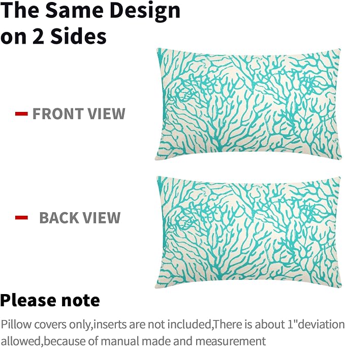 Nautical Coastal Coral Lumbar Pillow Covers 12x20 Inch Set of 2 Summer Ocean Beach Teal Turquoise Decorative Pillow Cases Outdoor Linen Cushion Cover Farmhouse Decor for Bedroom Home Sofa Couch Bed