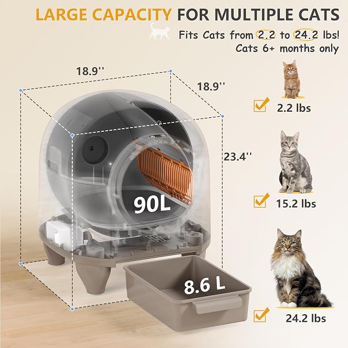 WARCAT Self-Cleaning Litter Box – 90L, APP, Sensors, Brown | 90L large capacity for multiple cats. APP-controlled with smart sensors. Safety protection. Includes mat & 1 garbage bag.
