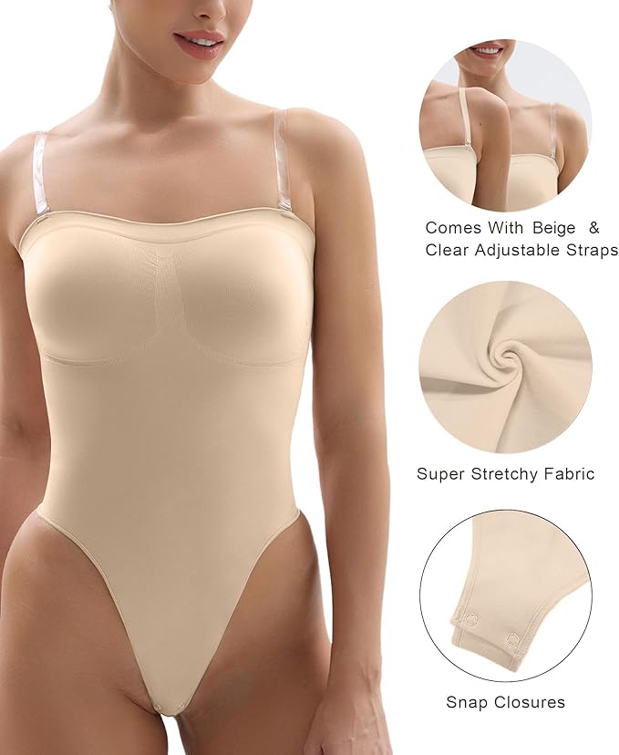 SHAPERX Strapless Shortie Bodysuit for Women Tummy Control Shapewear Seamless Body Shaper with Removable Straps