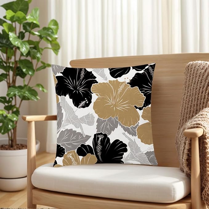 Brown Black Throw Pillow Covers 16x16 Set of 6, Neutral Floral Home Decor | decorative Floral cushion cover, Breathable Linen, Accent pillow, chair, small Sofa, Autumn summer Decor, Earth Tone