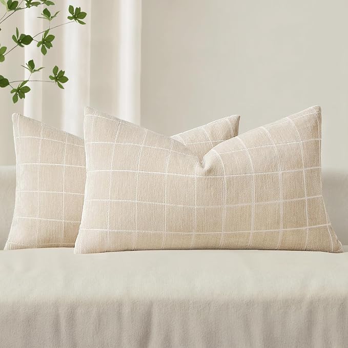 MIULEE Beige Plaid Decorative Lumbar Throw Pillow Covers 12x20 Set of 2 | Vintage, Check Chenille Couch Pillows, Neutral Boho Farmhouse Cushion Covers, Modern Home Decor for Sofa Bed Living Room