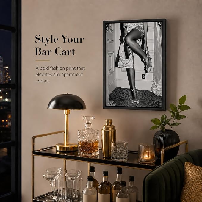 Framed Black and White Fashion Canvas Wall Art Luxury Feminist Picture Wall Decor Trendy Women High Heels Poster Print for Girl Dorm Bedroom Bar Cart Home Decoration 12x16in