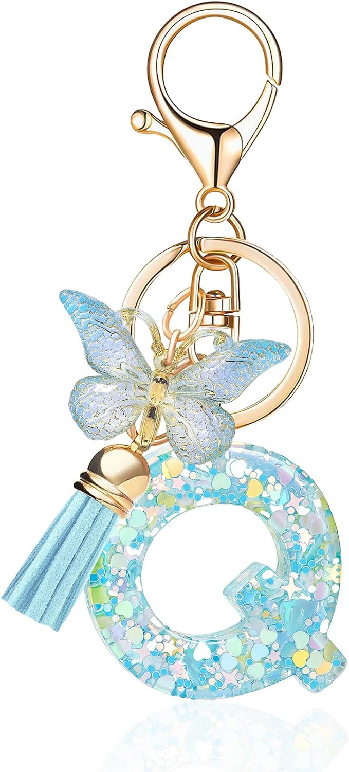 Fashion Alphabet Initial Letter Keychain Tassel Butterfly Pendant Key Ring for Purse Handbags Women Girl