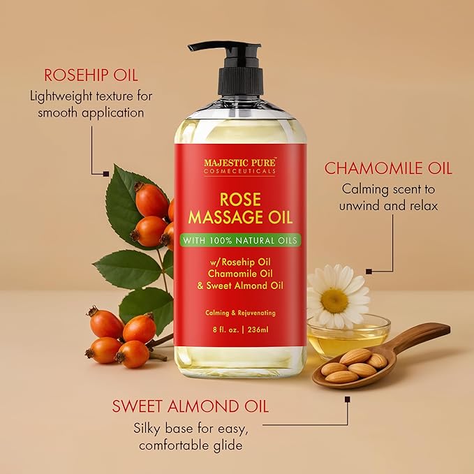 MAJESTIC PURE Rose Massage Oil for Massage Therapy - Refreshing, and Relaxing - Natural Oils - for All Skin Types - Men and Women Massage Lotion- 8 fl oz