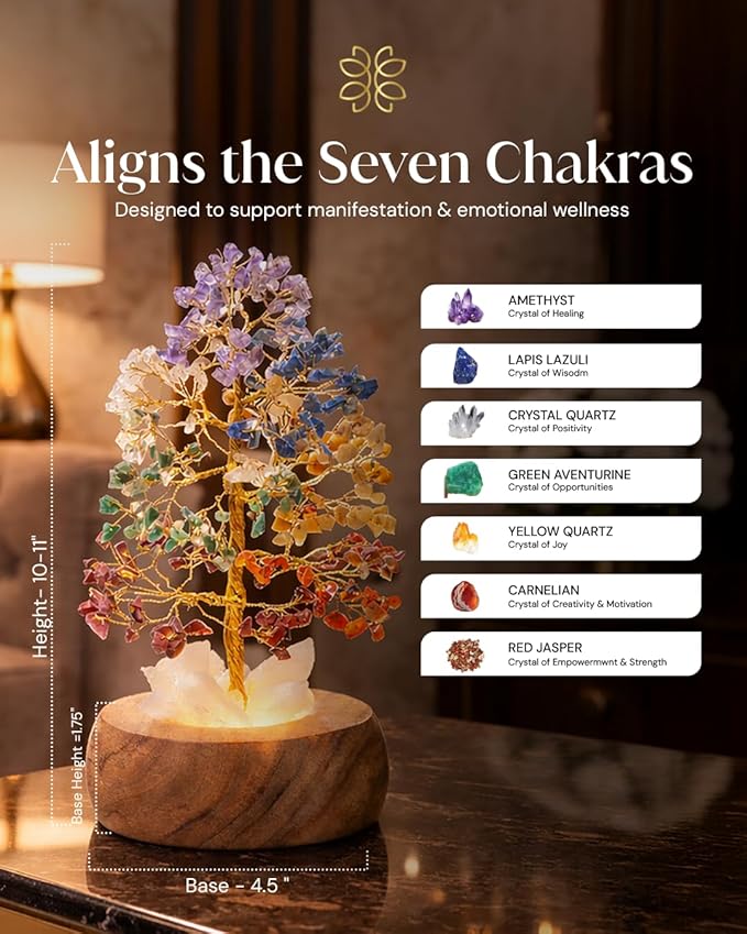 7 Chakra Crystal Tree of Life with LED Light, Handcrafted Gemstone Bonsai with Quartz Crystal Base & Acacia Wood Stand, Spiritual Home & Office Décor, Thoughtful Gift for Women