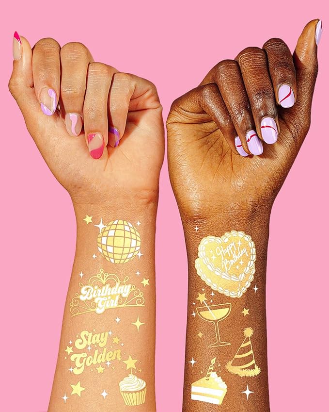 xo, Fetti Golden Birthday Temporary Tattoos - 50 gold styles | Birthday Party Decorations, Fun Birthday Girl Party Favors, HBD, Older Wiser Hotter, Fifty and Fabulous, Funny Bday Gift