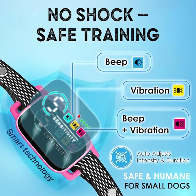 Bark Collar for Small Dogs 8-40 Ibs - No Shock Anti Barking Collar with Al Chip - 3 Modes & 5 Sensitivity Levels - Waterproof, Rechargeable, Magnetic Charging - Humane, Effective Training (Pink)