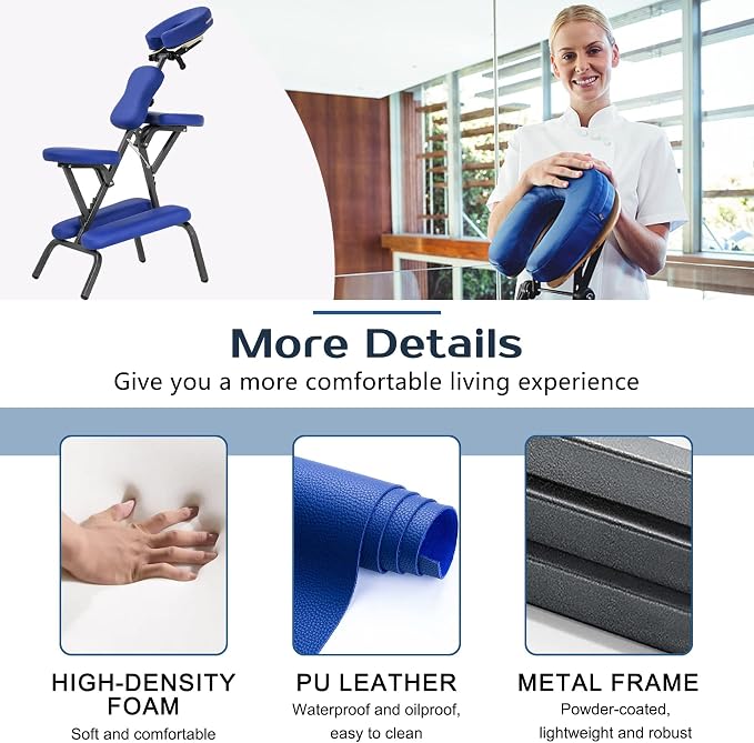 Portable Massage Chair for Tattoo and Spa Foldable Massage Therapy Chair with Adjustable Face Cradle High-Density Cushion Lightweight Design with Carrying Bag Ideal for Salon Use (Blue)