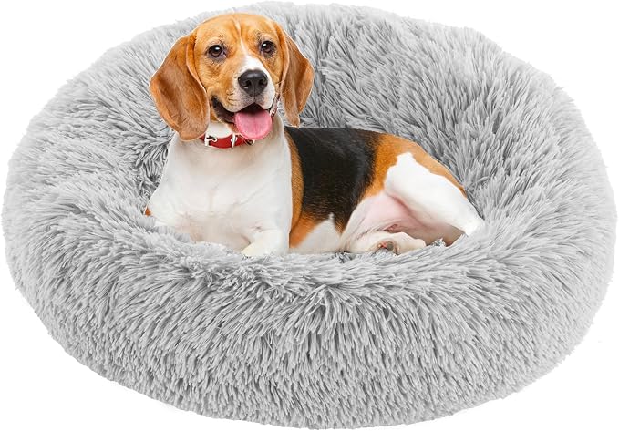 DUMOS 30.7 Inch Large Donut Dog Bed for Indoor Use, Fluffy Faux Fur Plush | Warming Cozy Round Pet Bed, Machine Washable Cuddler, Anti-Slip Bed for Dogs and Cats, Grey
