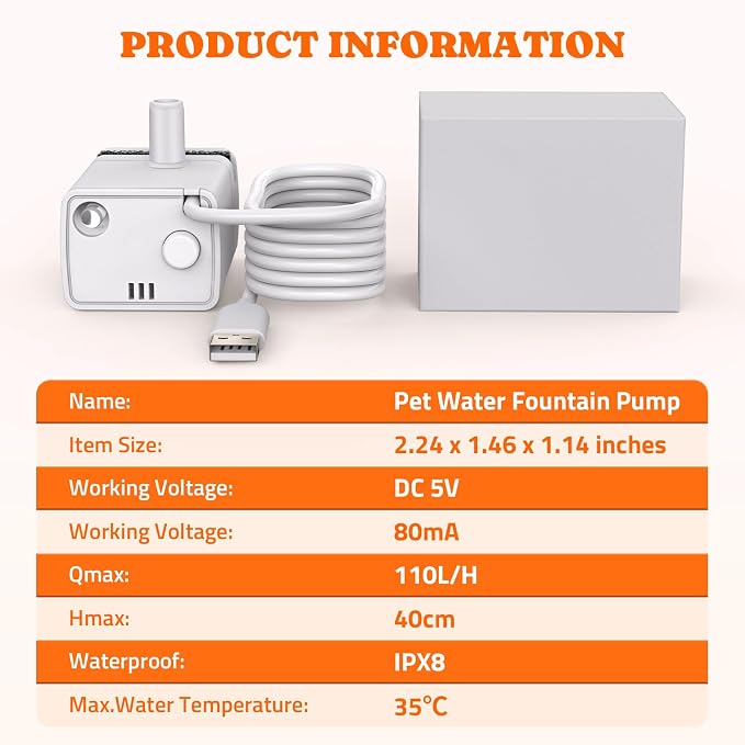 Pawtners Replacement Pump for WF008A 4L Stainless Steel Cat Water Fountain | Pet Water Fountains Motor, Ultra Quiet <35dB, Ideal for Indoor Cats & Dogs. Sensor & Light Included