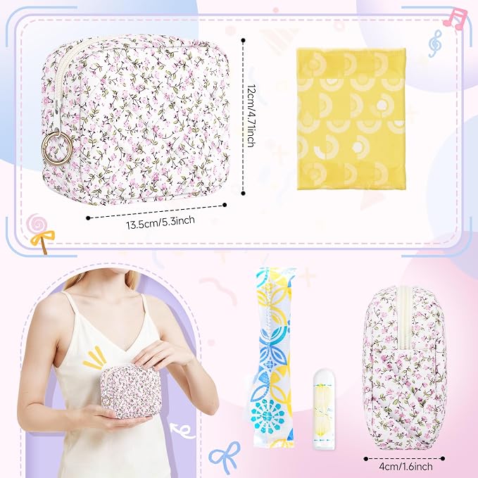 Period Bag for Teen Girls, Quilted Sanitary Napkin Storage Bag, Cute Menstrual Pad Pouch Tampon Holder (Pink Bunny)
