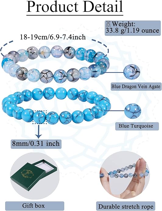 Bivei Natural Gemstone Semi Precious Healing Crystals Handmade Stretchy Round Beads Bracelet,Stocking Stuffers for Women Enhance Positive Energy