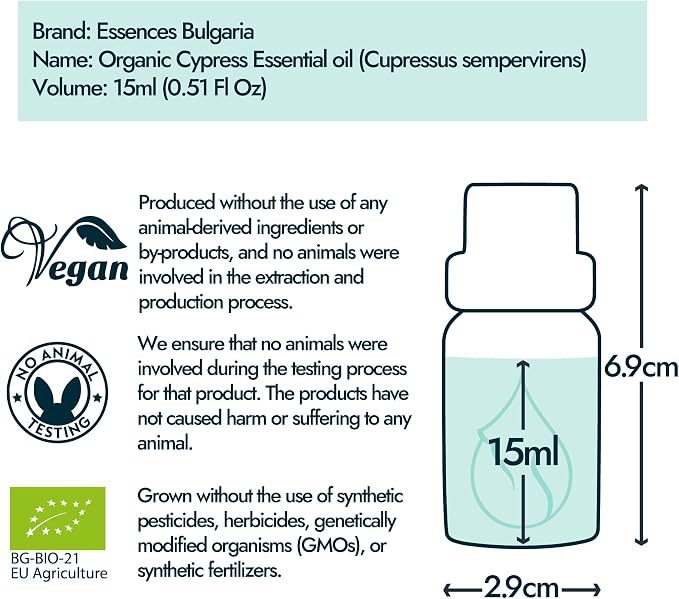 Essences Bulgaria Cypress Essential Oil 15ml (0.51 Fl Oz) | Cupressus sempervirens | 100% Pure, Natural, Undiluted | Aromatherapy, Cosmetics | Vegan, Non-GMO, Cruelty-Free