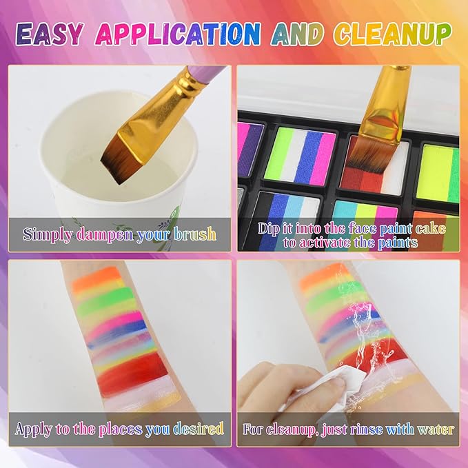 Water Activated Face Paint, Highly Pigmented Face Painting Kit, Quick-Drying Body Paint for Adults, Split Cake Face Paint with 4 Face Paint Brushes for Halloween, Easter, Parties