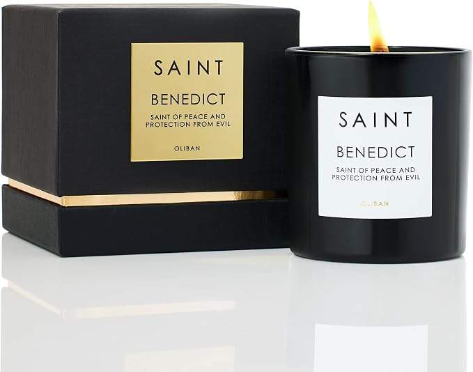 SAINT Benedict Scented Candle with Prayer and Prayer Coin | Saint of Peace and Protection from Evil, Soy Coconut Aromatherapy Candle with 50 Hour Burn Time